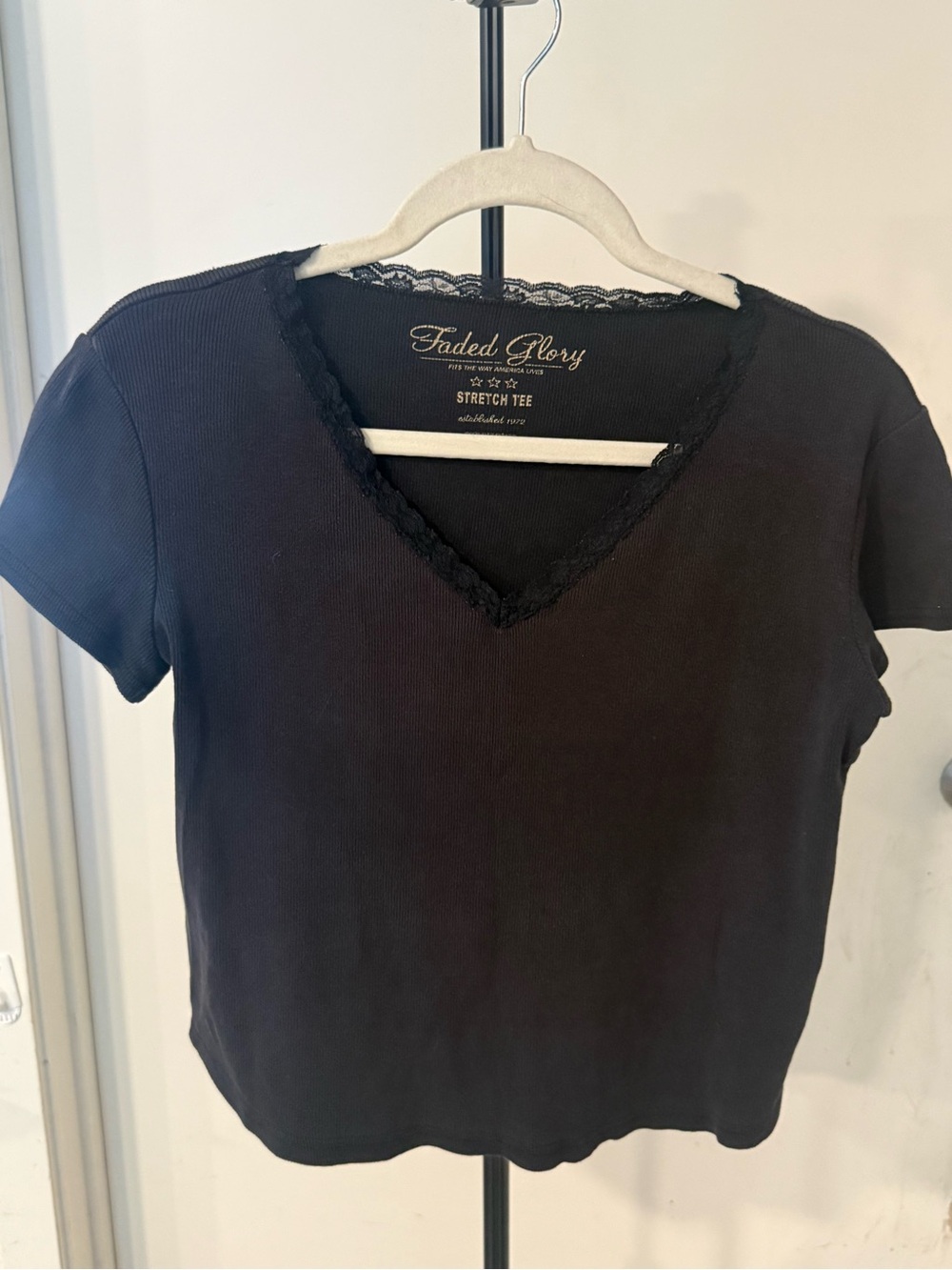 Faded Glory Black V-Neck Stretch Tee with Lace Trim